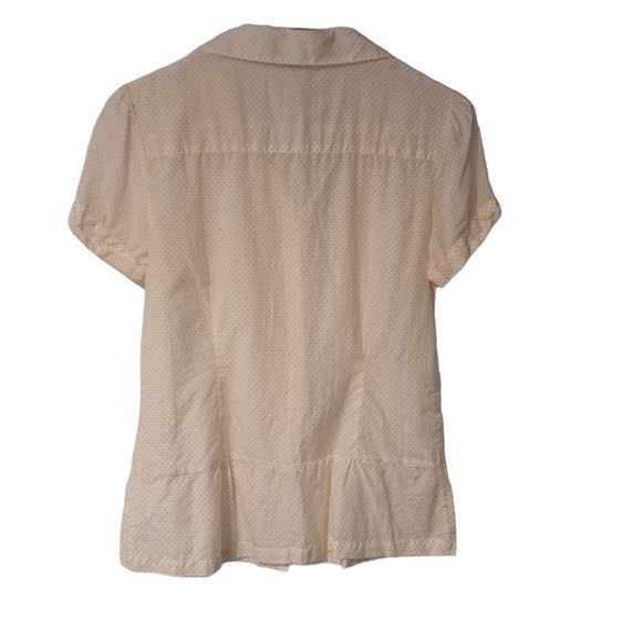 Fossil Short Puff Sleeve Collared Button Front Shirt Cream Red Polka Dots Sz M - Picture 2 of 4